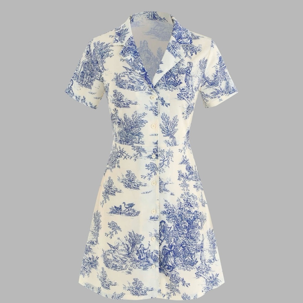 Cider Blue and Cream Printed Mini Dress